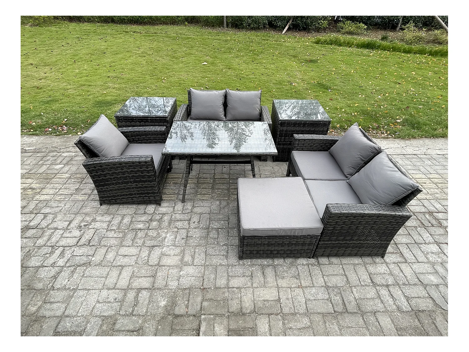 Ensemble de canapé en rotin extérieur avec Table à manger rectangulaire Canapé à deux places 2 Tables d'appoint Grand tabouret Gris foncé mixte