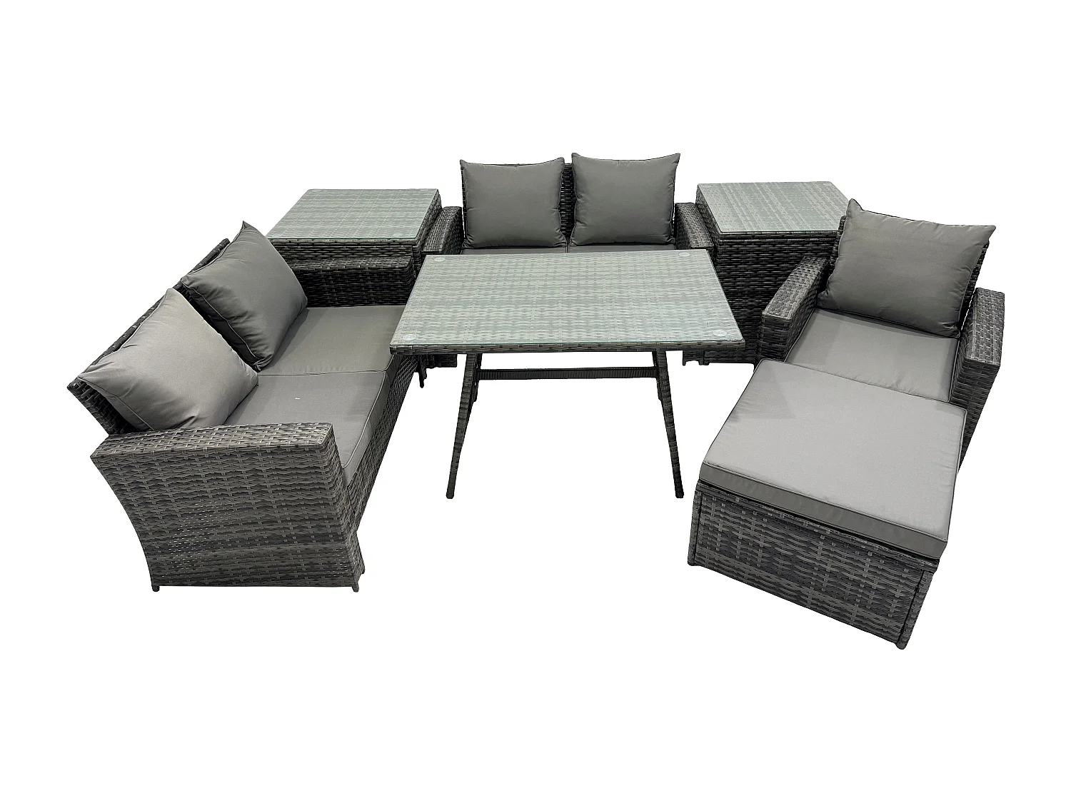 Polyrattan Garten Esstisch Set Gartenmöbel Sofa mit Rechteckiger Esstisch Loveseat Sofa 2 Beistelltischen 2 Großer Hockern Dunkelgrau Gemischt