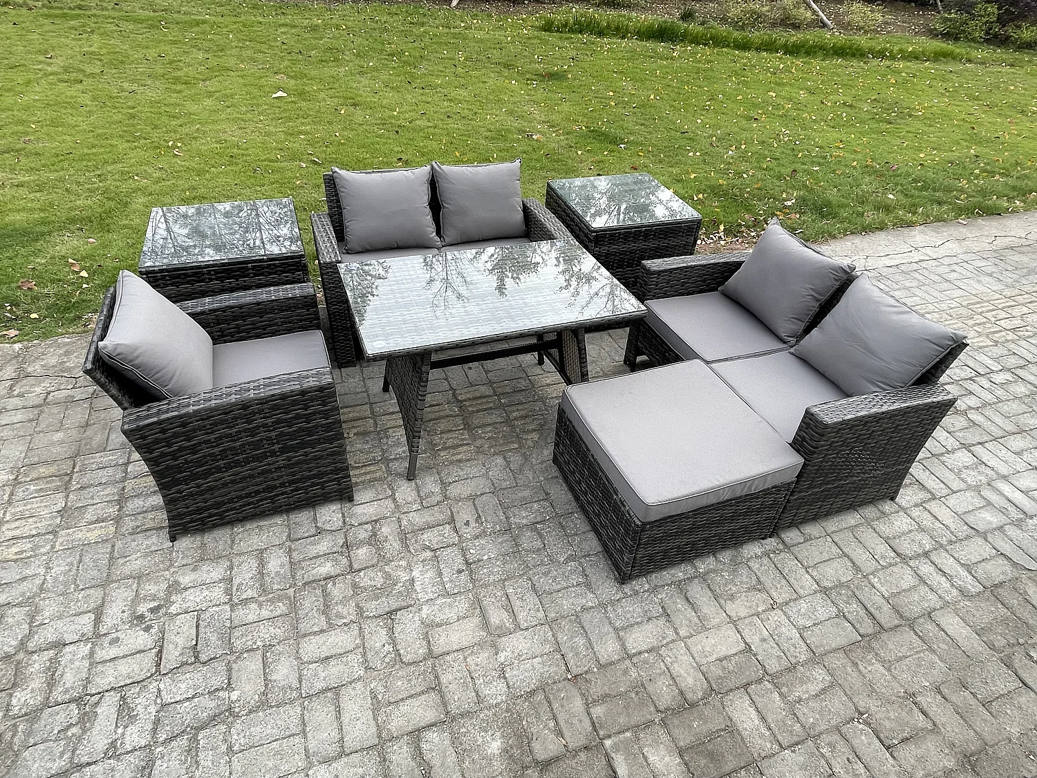 Polyrattan Garten Esstisch Set Gartenmöbel Sofa mit Rechteckiger Esstisch Loveseat Sofa 2 Beistelltischen 2 Großer Hockern Dunkelgrau Gemischt