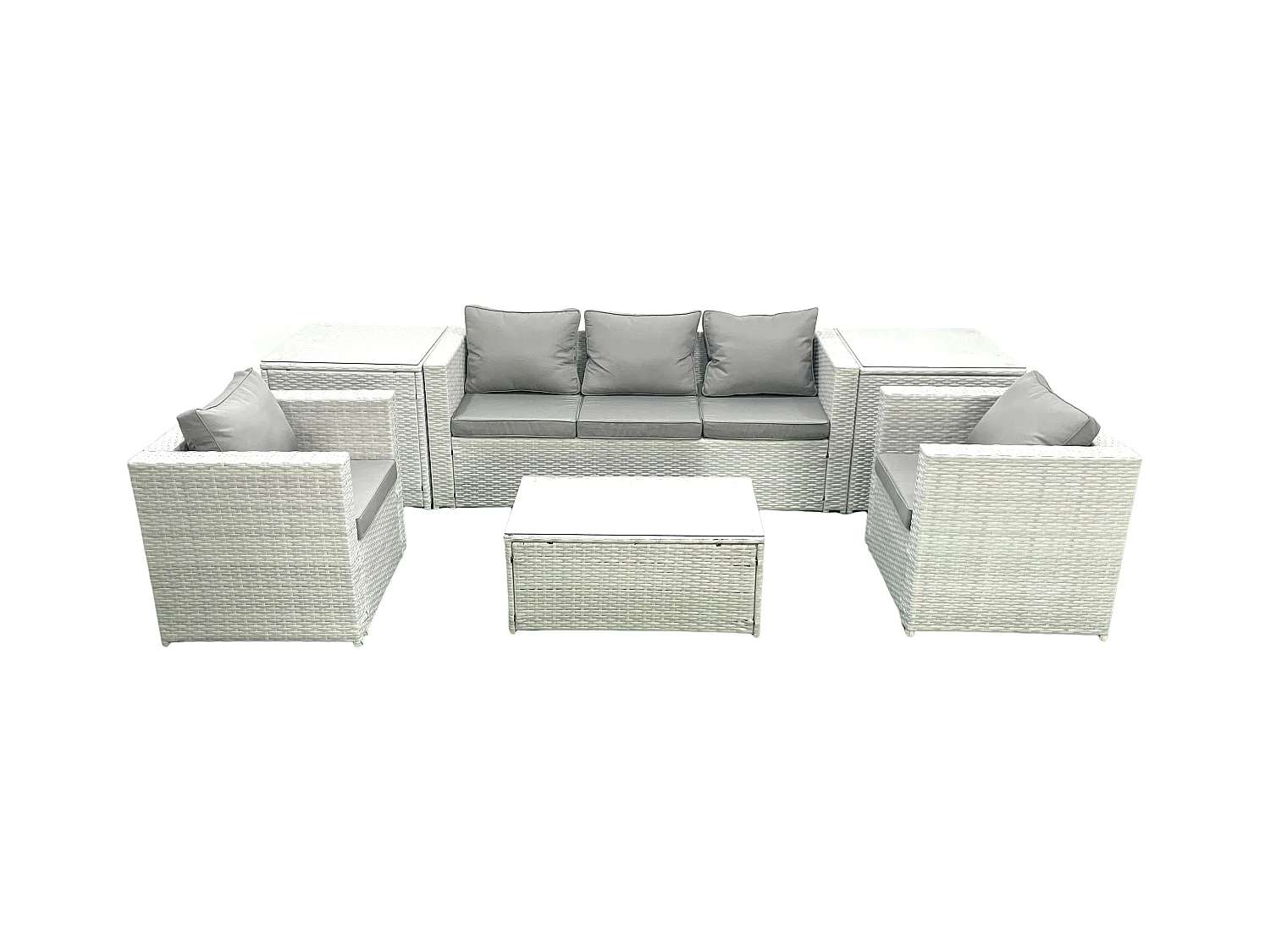 Polyrattan Gartenmöbel Set mit 3-Sitzer Sofa 2 Sesseln Rechteckiger Couchtisch 2 Beistelltischen Hellgrau gemischt 5-Sitzer