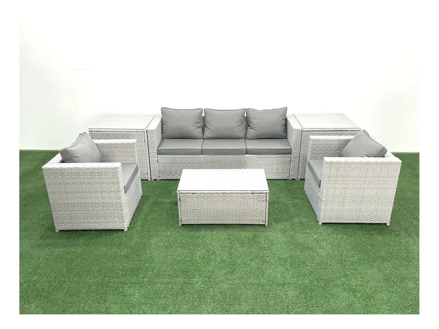 Polyrattan Gartenmöbel Set mit 3-Sitzer Sofa 2 Sesseln Rechteckiger Couchtisch 2 Beistelltischen Hellgrau gemischt 5-Sitzer