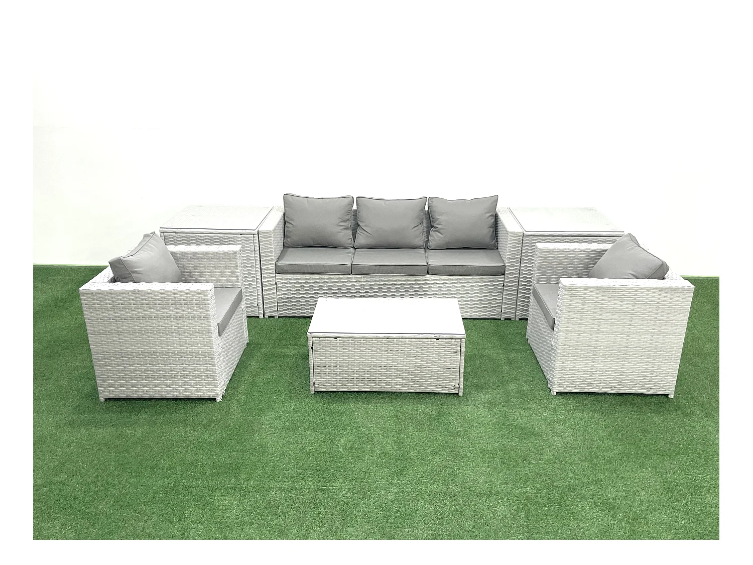 Polyrattan Gartenmöbel Set mit 3-Sitzer Sofa 2 Sesseln Rechteckiger Couchtisch 2 Beistelltischen Hellgrau gemischt 5-Sitzer