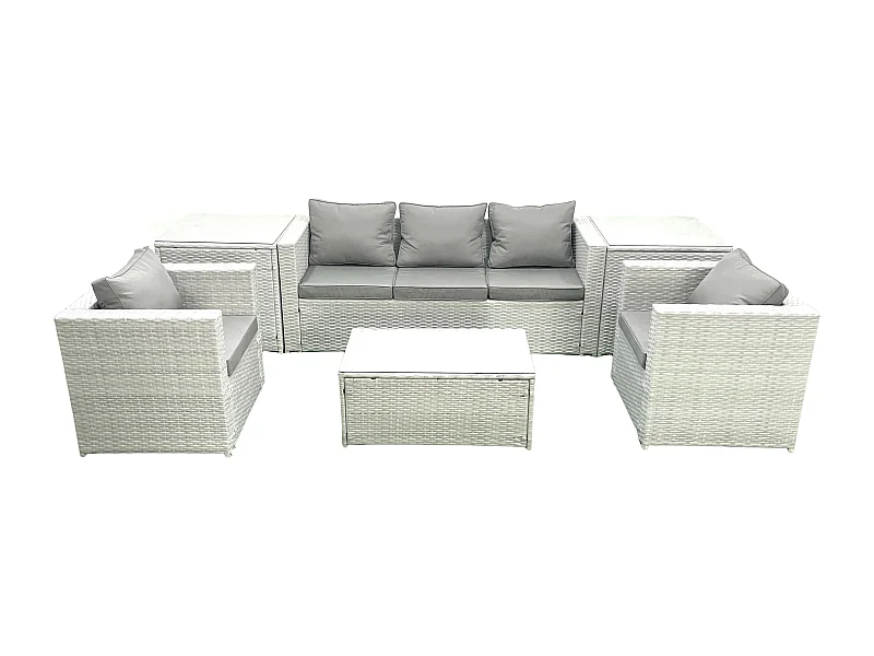 Salon de jardin avec Canapé 3 places 2 Chaise Table basse rectangulaire 2 Tables d'appoint Gris clair mixte 5 places