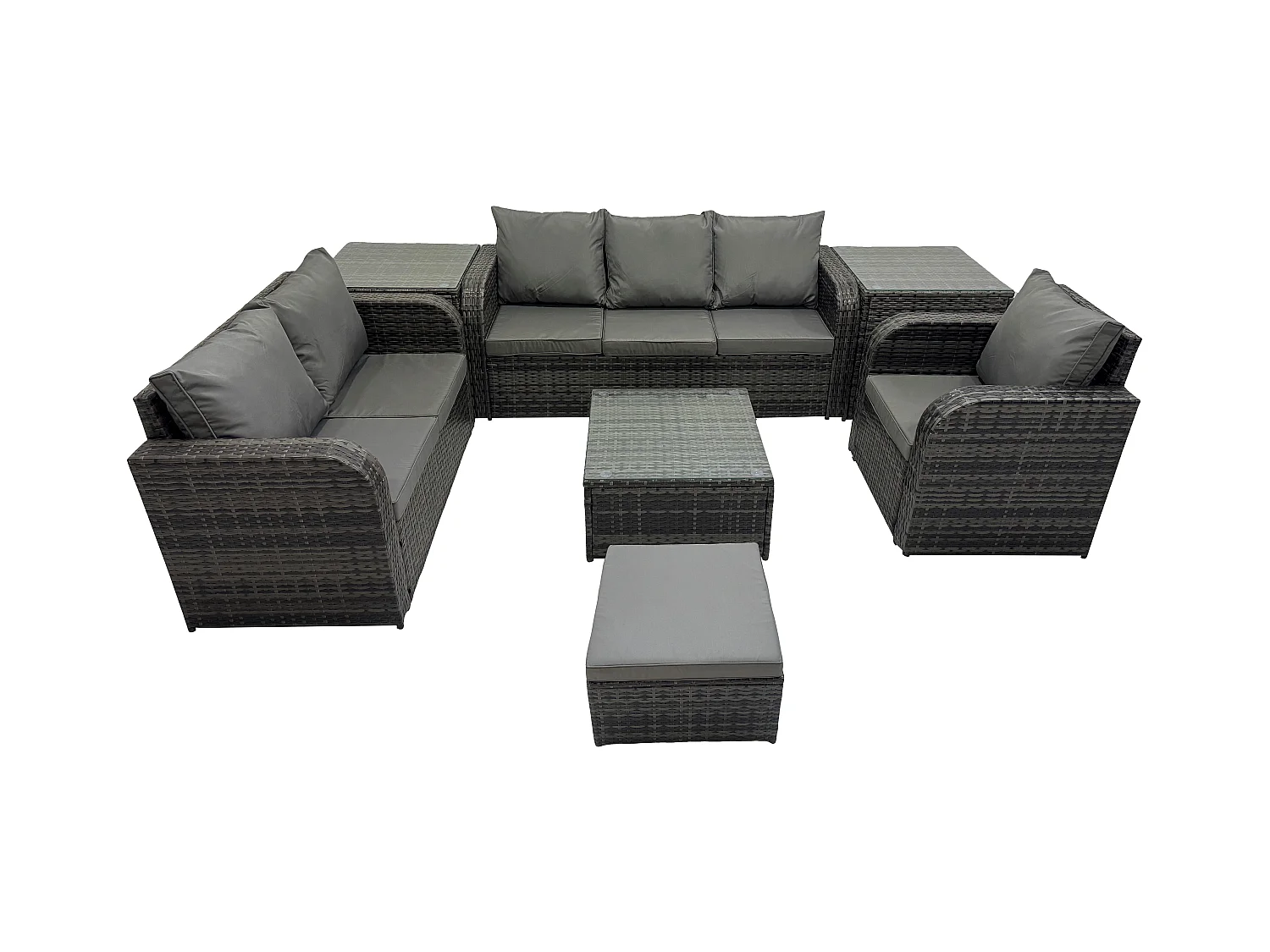 Meubles de jardin en rotin 7 Pièces avec Table basse carrée Chaise inclinable Canapé à deux places 2 Tables d'appoint Grand tabouret
