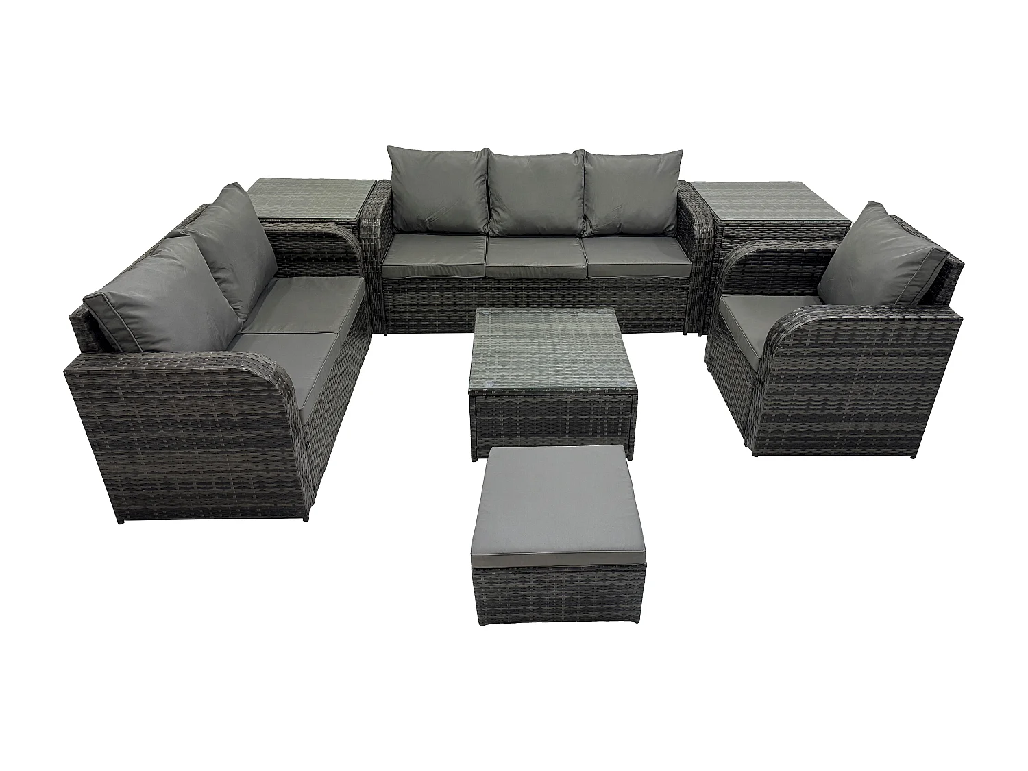 Meubles de jardin en rotin 7 Pièces avec Table basse carrée Chaise inclinable Canapé à deux places 2 Tables d'appoint Grand tabouret