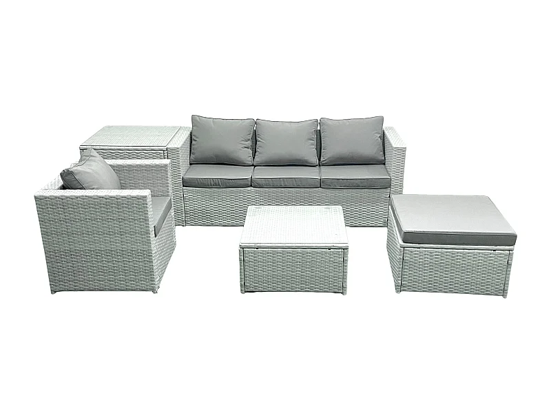 Gartenmöbel-Set 5-Sitzer Polyrattan Sofa Set mit 2 Großer Hockern Sessel Beistelltisch Hellgrau gemischt