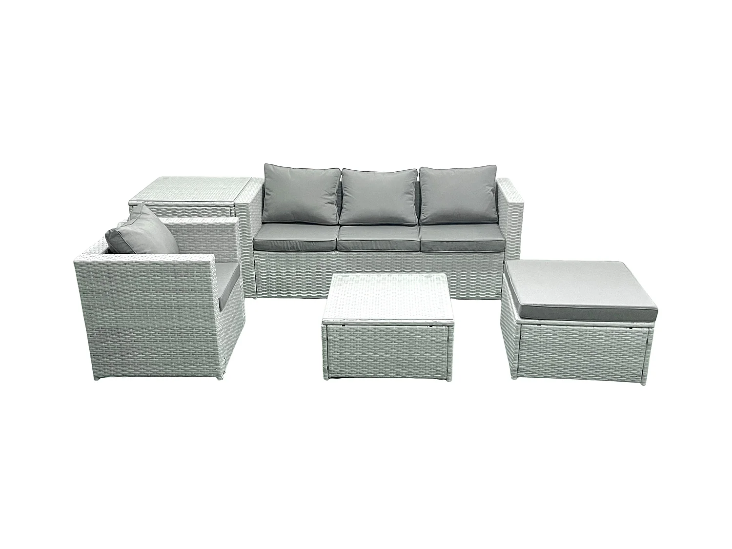Gartenmöbel-Set 5-Sitzer Polyrattan Sofa Set mit 2 Großer Hockern Sessel Beistelltisch Hellgrau gemischt