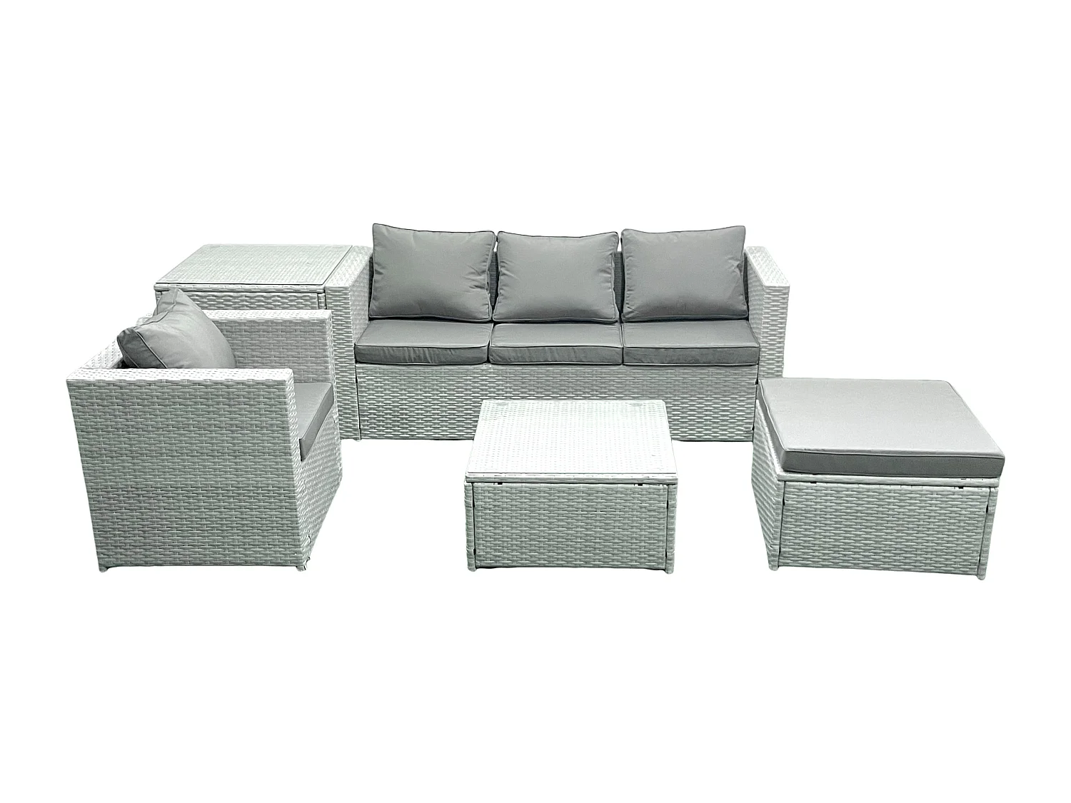 Gartenmöbel-Set 5-Sitzer Polyrattan Sofa Set mit 2 Großer Hockern Sessel Beistelltisch Hellgrau gemischt