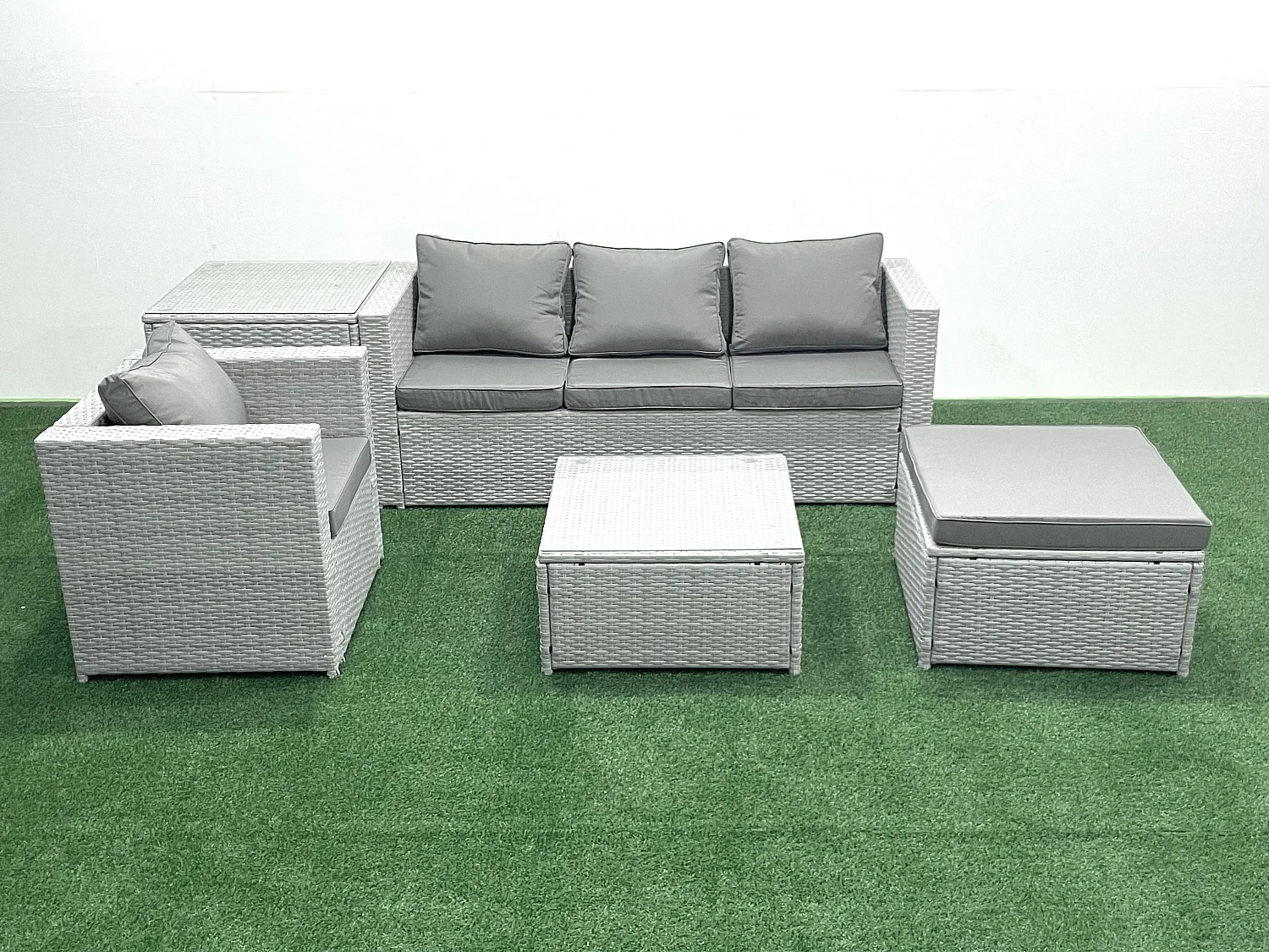 Gartenmöbel-Set 5-Sitzer Polyrattan Sofa Set mit 2 Großer Hockern Sessel Beistelltisch Hellgrau gemischt