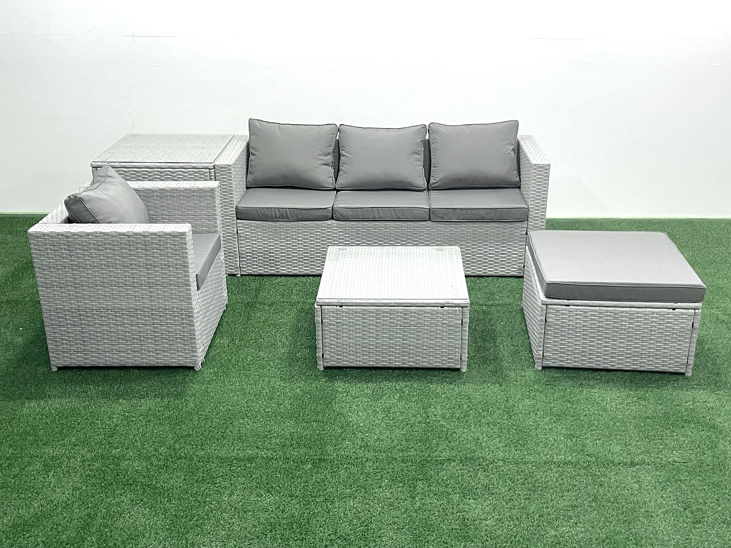 Gartenmöbel-Set 5-Sitzer Polyrattan Sofa Set mit 2 Großer Hockern Sessel Beistelltisch Hellgrau gemischt