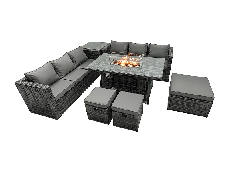 Ensemble de meubles de jardin en rotin ave Table de foyer à gaz 6 places Ensemble de canapés avec Table d'appoint 3 Tabourets