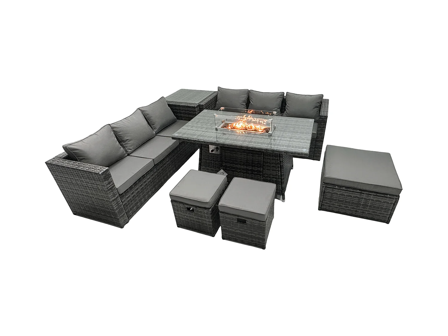 Ensemble de meubles de jardin en rotin ave Table de foyer à gaz 6 places Ensemble de canapés avec Table d'appoint 3 Tabourets