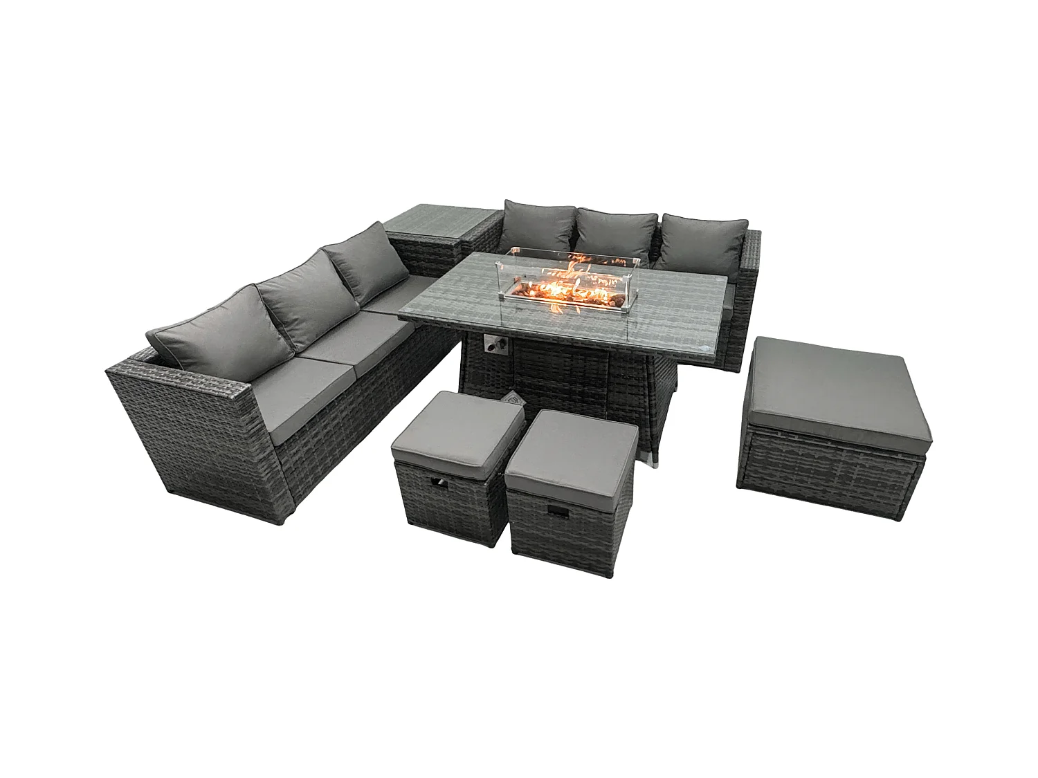 Ensemble de meubles de jardin en rotin ave Table de foyer à gaz 6 places Ensemble de canapés avec Table d'appoint 3 Tabourets