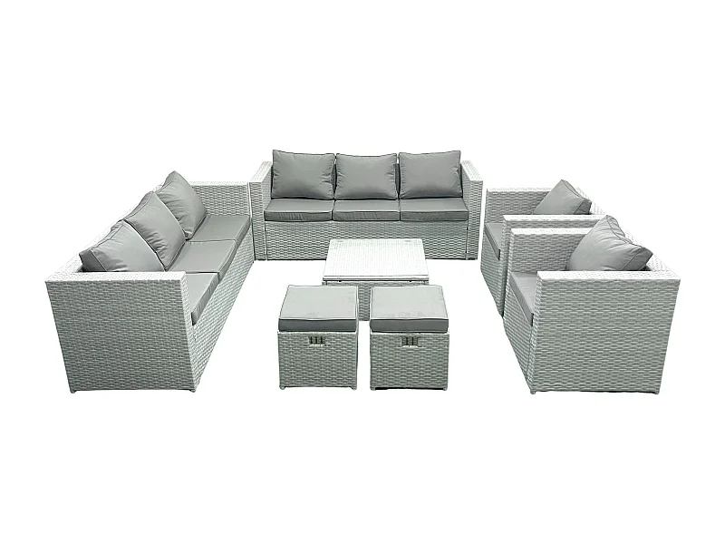 Rattan Sofa Gartenmöbel Set mit 2 Sesseln Quadratischer Couchtisch 2 kleine Fußhockern Hellgrau gemischt