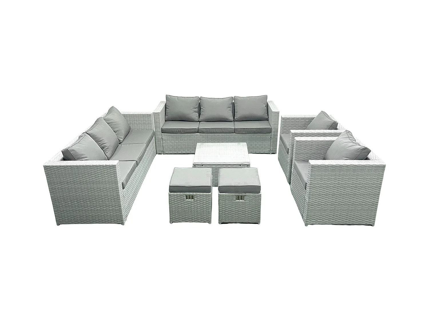 Salon de Jardin en rotin avec 2 Fauteuil Table basse carrée 2 Petits tabourets Gris clair mixte