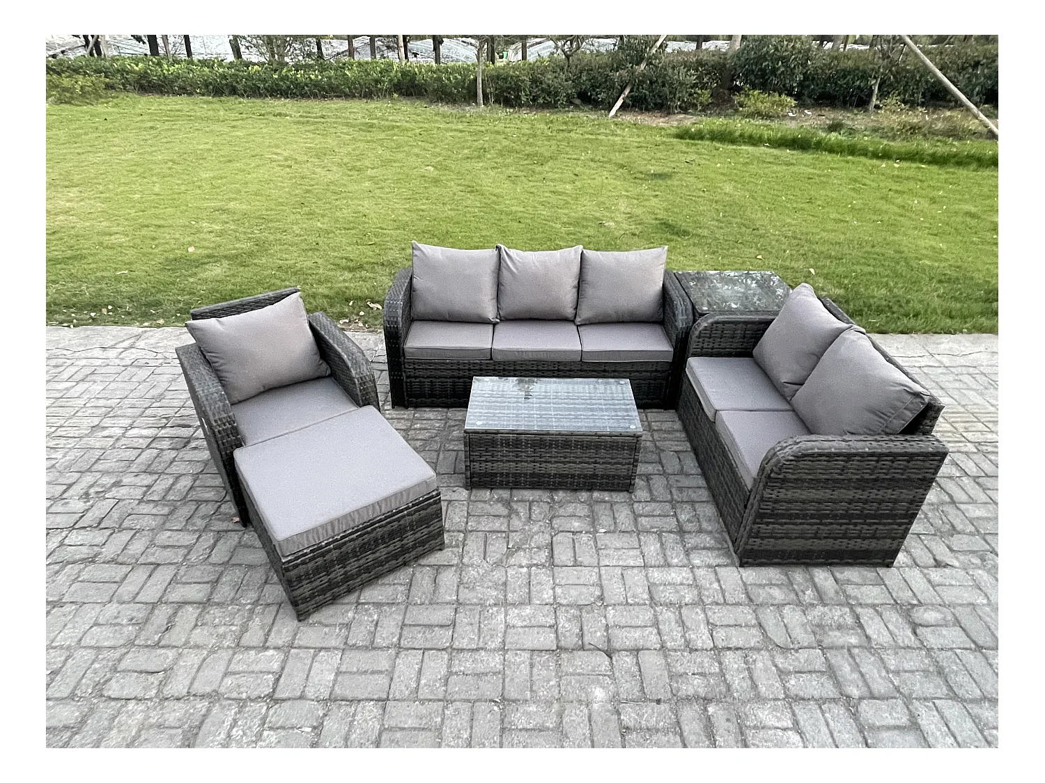 Ensembles de meubles de jardin 7 places Ensemble de canapés en rotin avec Table basse Chaise inclinable Canapé 3 places Grand tabouret Table d'appoint