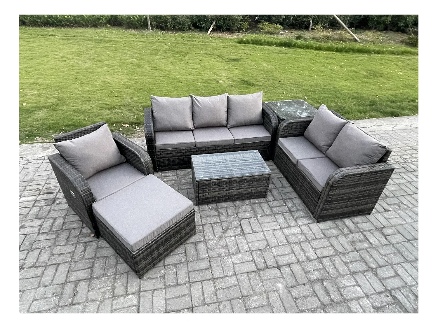 Ensembles de meubles de jardin 7 places Ensemble de canapés en rotin avec Table basse Chaise inclinable Canapé 3 places Grand tabouret Table d'appoint