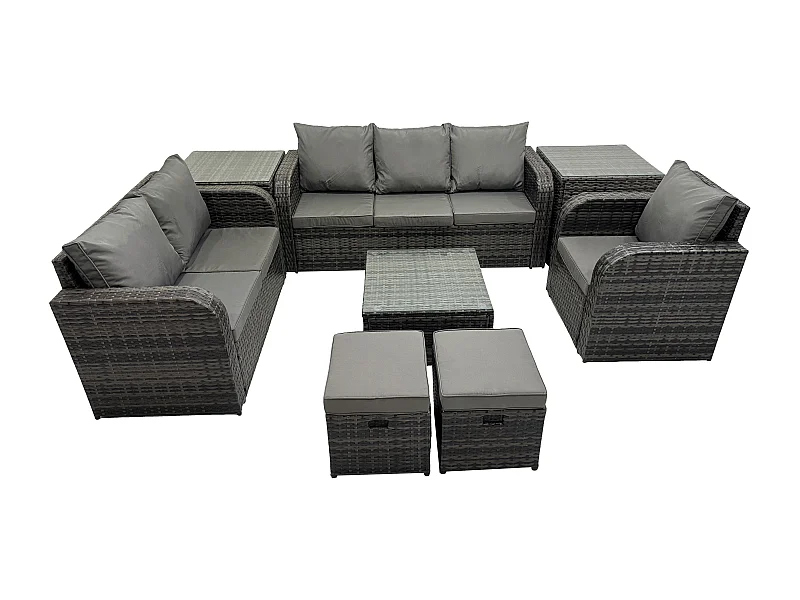 Rattan-Gartenmöbel 8-Sitzer Set Patio Tisch Sofa Stuhl Set mit Graue Kissen 2 Beistelltischen 2 kleine Fußhockern