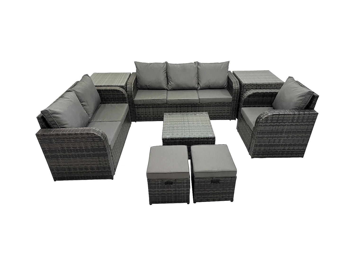 Rattan-Gartenmöbel 8-Sitzer Set Patio Tisch Sofa Stuhl Set mit Graue Kissen 2 Beistelltischen 2 kleine Fußhockern