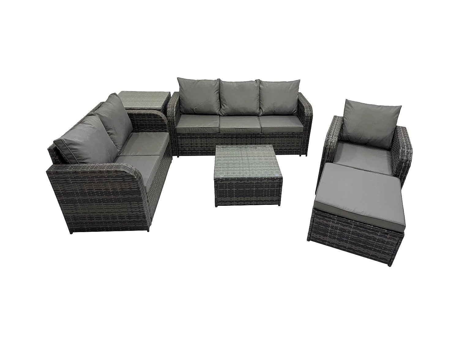 Meubles de jardin en rotin 6 Pièces avec Table basse carrée Chaise inclinable Canapé d'amour Grand tabouret Table d'appoint