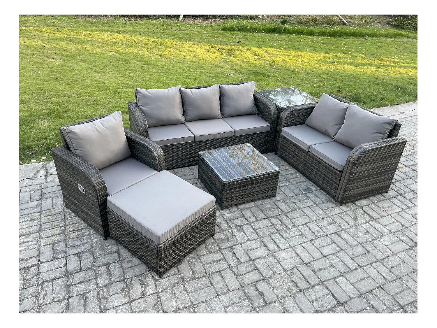 Meubles de jardin en rotin 6 Pièces avec Table basse carrée Chaise inclinable Canapé d'amour Grand tabouret Table d'appoint