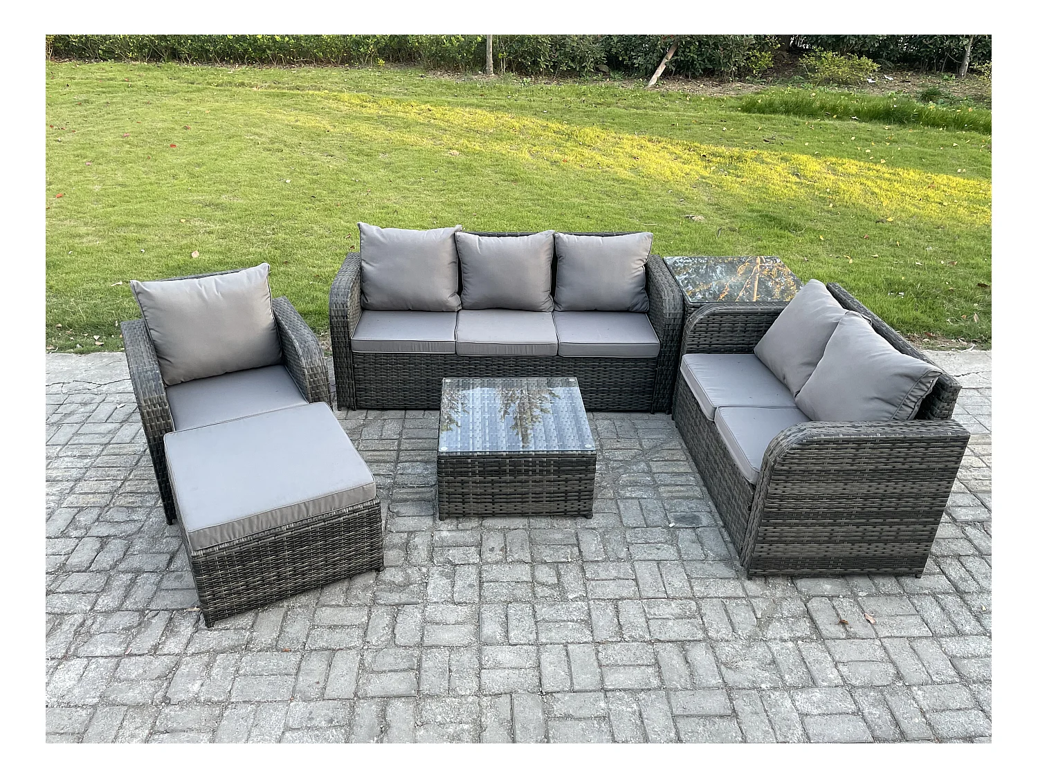 Meubles de jardin en rotin 6 Pièces avec Table basse carrée Chaise inclinable Canapé d'amour Grand tabouret Table d'appoint