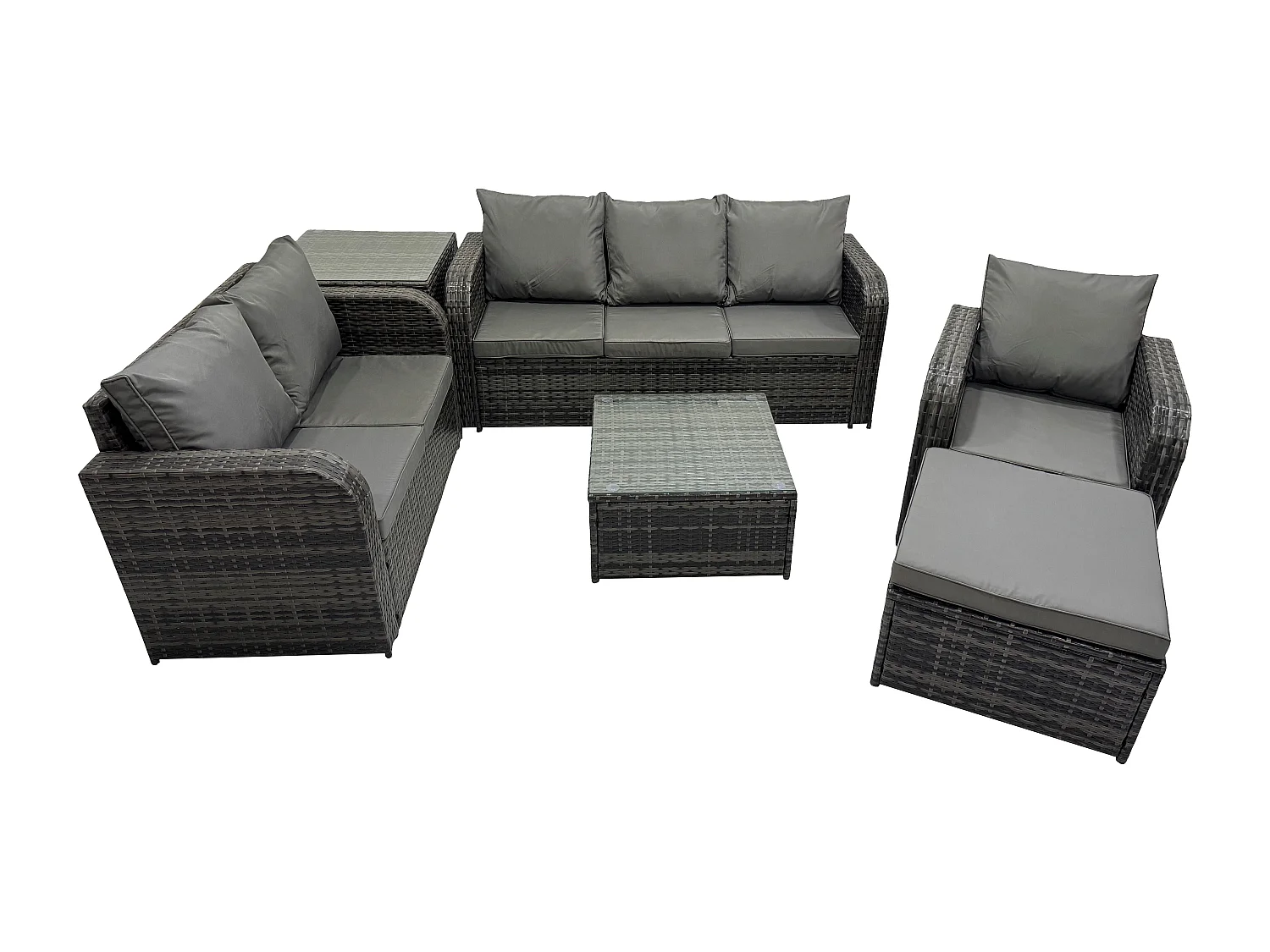 Rattan-Gartenmöbel 6 Stück Terrassenset mit Tisch und Sofa Quadratischer Couchtisch Liegestühle Loveseat sofa 2 Großer Hockern Beistelltisch