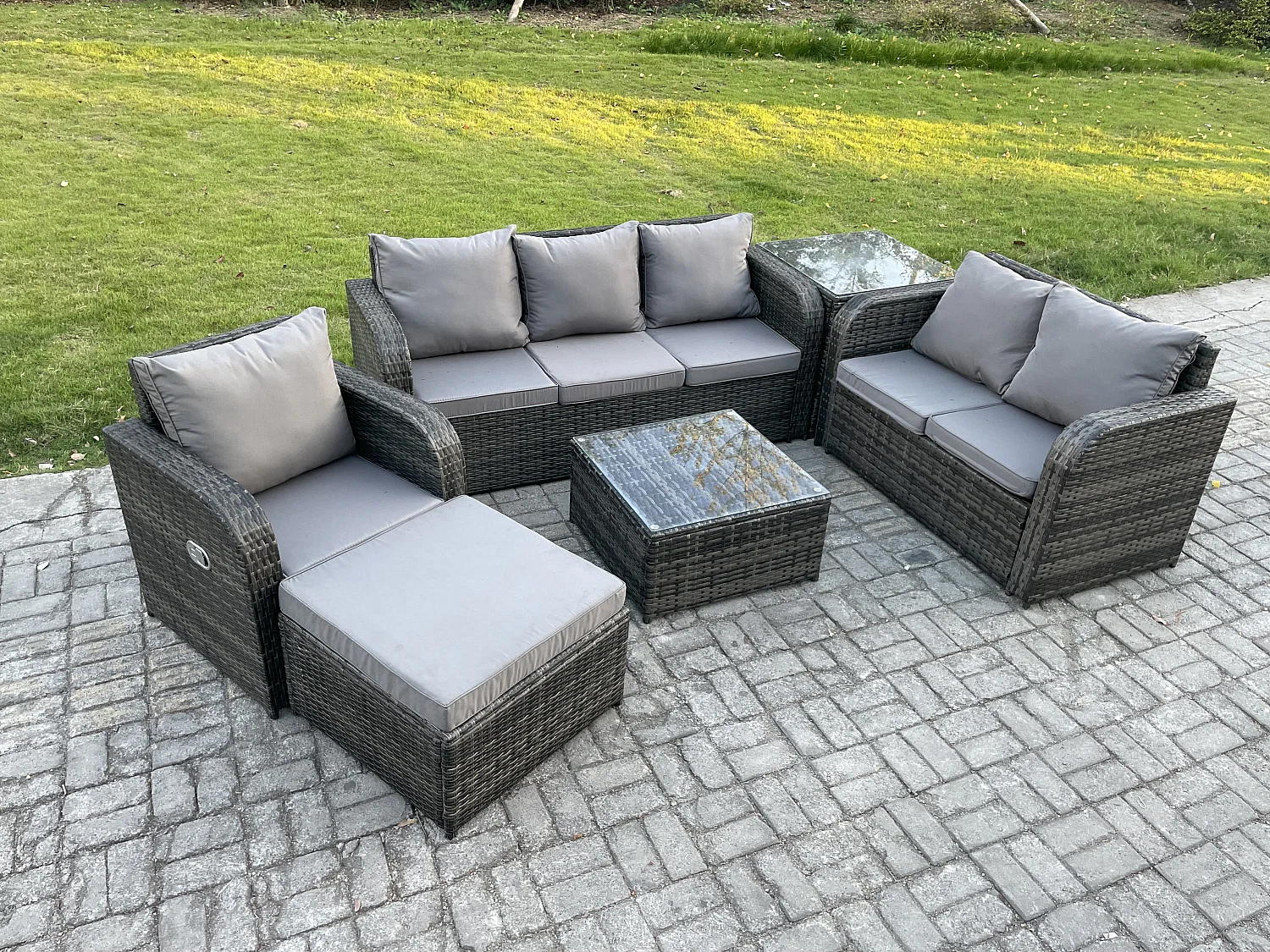 Rattan-Gartenmöbel 6 Stück Terrassenset mit Tisch und Sofa Quadratischer Couchtisch Liegestühle Loveseat sofa 2 Großer Hockern Beistelltisch