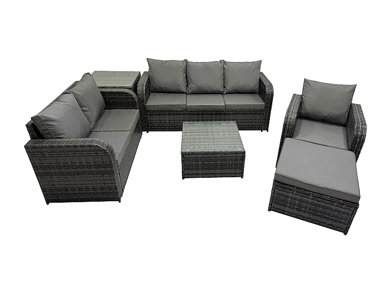 Rattan-Gartenmöbel 6 Stück Terrassenset mit Tisch und Sofa Quadratischer Couchtisch Liegestühle Loveseat sofa 2 Großer Hockern Beistelltisch