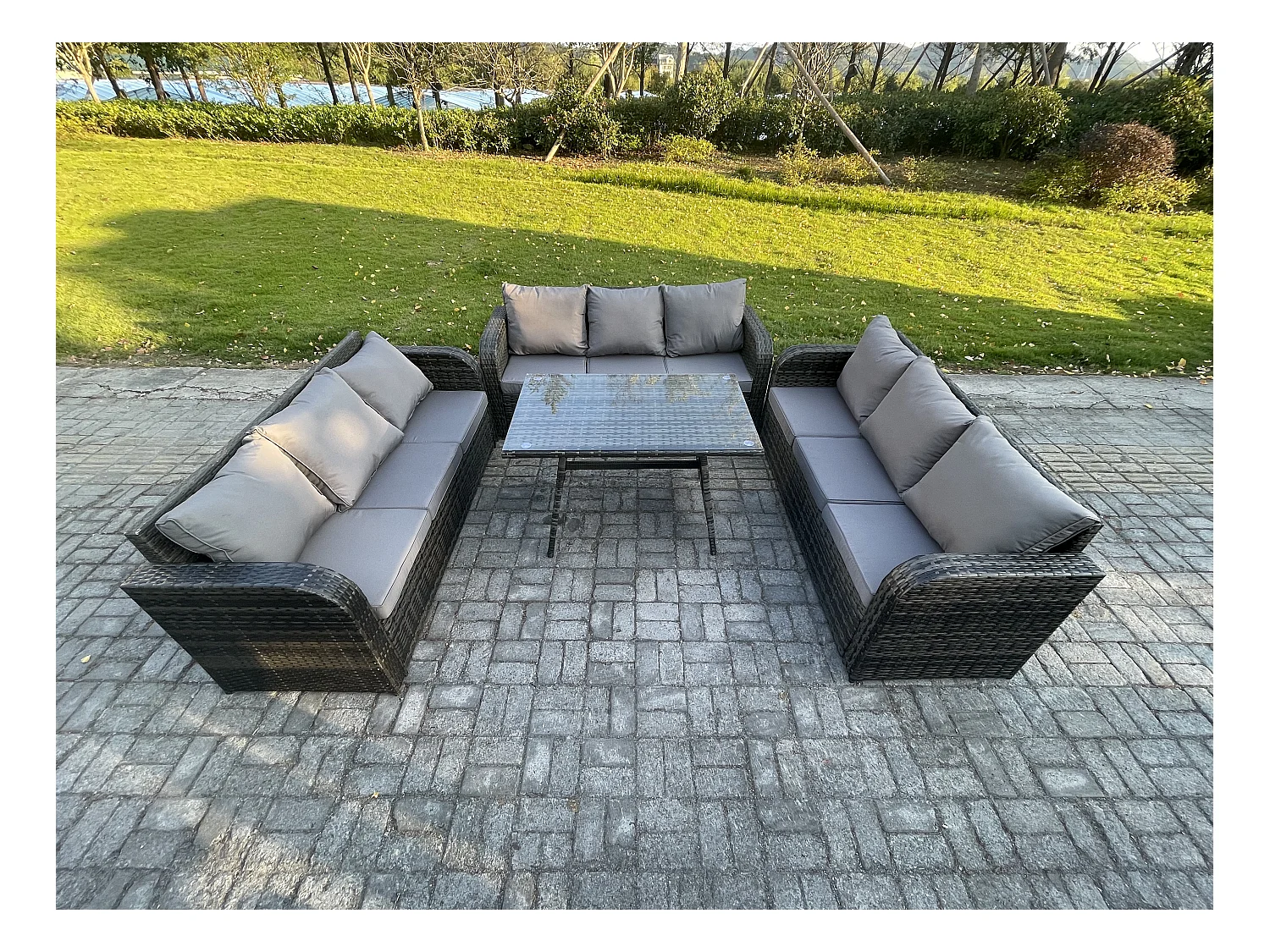 9 places Salon de jardin avec Table à manger rectangulaire Patio Ensemble de canapés en rotin