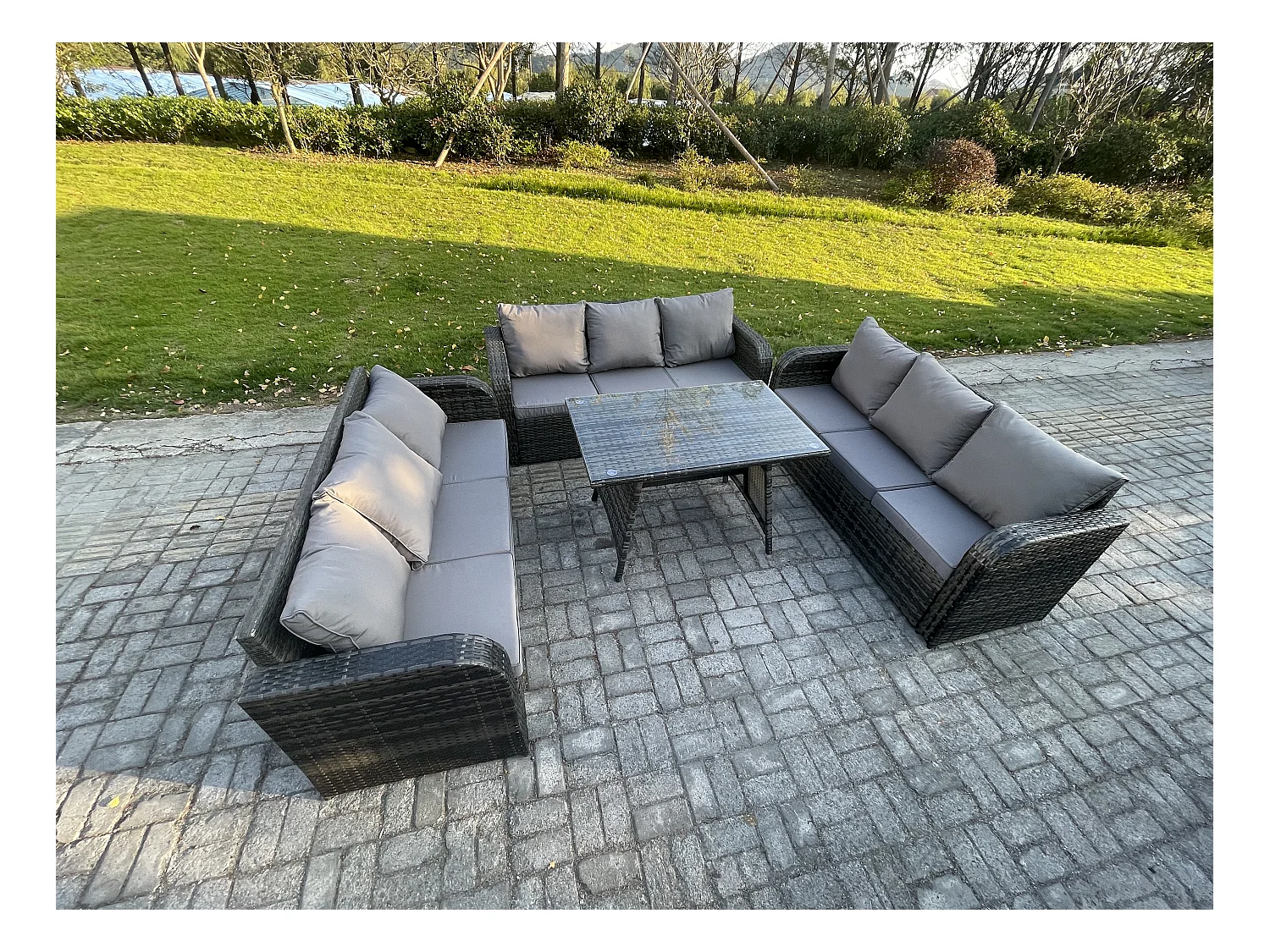 9 places Salon de jardin avec Table à manger rectangulaire Patio Ensemble de canapés en rotin