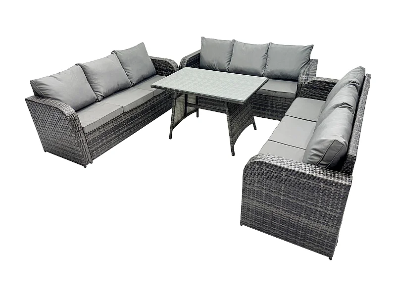 9 places Salon de jardin avec Table à manger rectangulaire Patio Ensemble de canapés en rotin