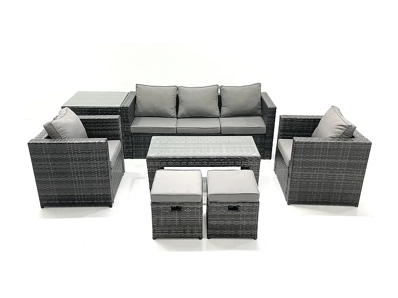 Polyrattan Gartensofa Set Couchtisch 2 Sessel 2 kleine Fußhockern Beistelltisch Dunkelgrau Gemischt