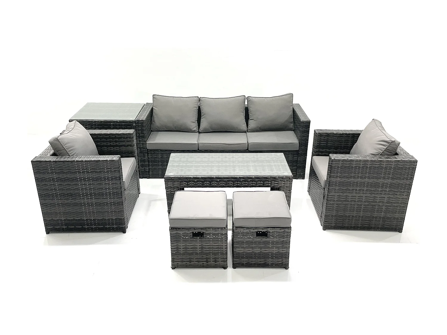 Fimous Rattan Garden Furniture Set Outdoor Lounger Sofa with Coffee Table 2 Armchair 2 Small Footstools Side Table Dark Grey Mixed