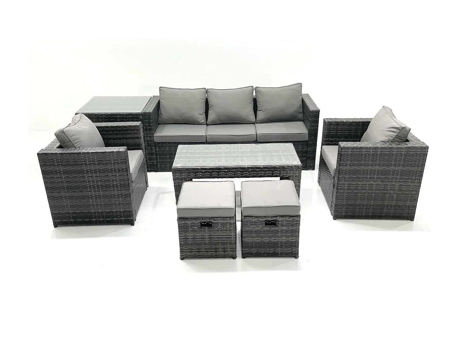 Fimous Rattan Garden Furniture Set Outdoor Lounger Sofa with Coffee Table 2 Armchair 2 Small Footstools Side Table Dark Grey Mixed