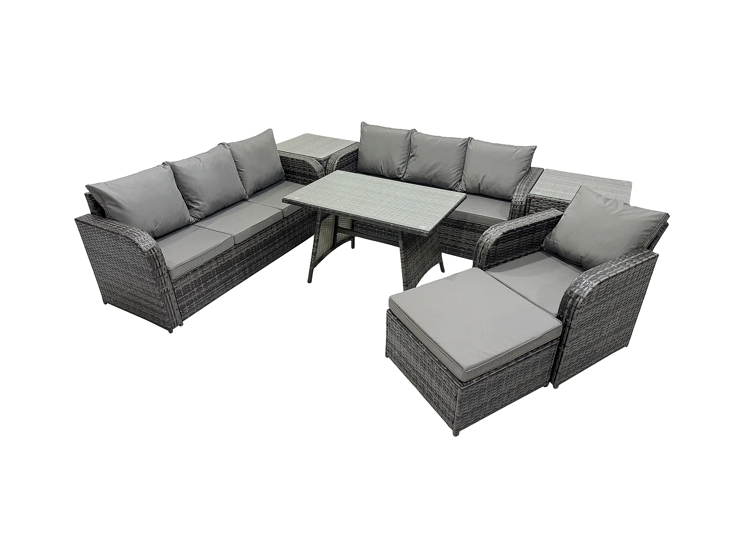 Ensemble de canapés en rotin Salon de jardin avec Table à manger rectangulaire Chaise inclinable 2 Tables d'appoint Grand tabouret Gris foncé mixte
