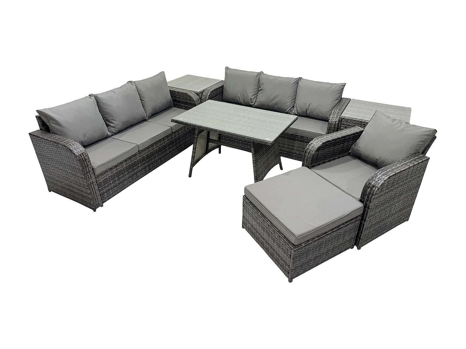 Garten Sofa im Freien Set Polyrattan Gartenmöbel Set mit Rechteckiger Esstisch Liegestühle 2 Beistelltischen 2 Großer Hockern Dunkelgrau Gemischt