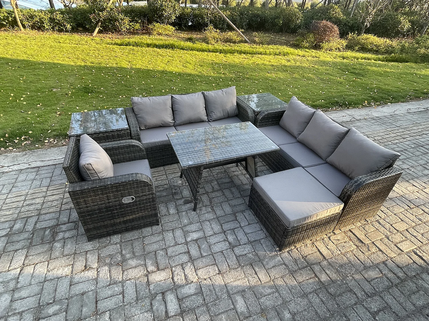 Garten Sofa im Freien Set Polyrattan Gartenmöbel Set mit Rechteckiger Esstisch Liegestühle 2 Beistelltischen 2 Großer Hockern Dunkelgrau Gemischt
