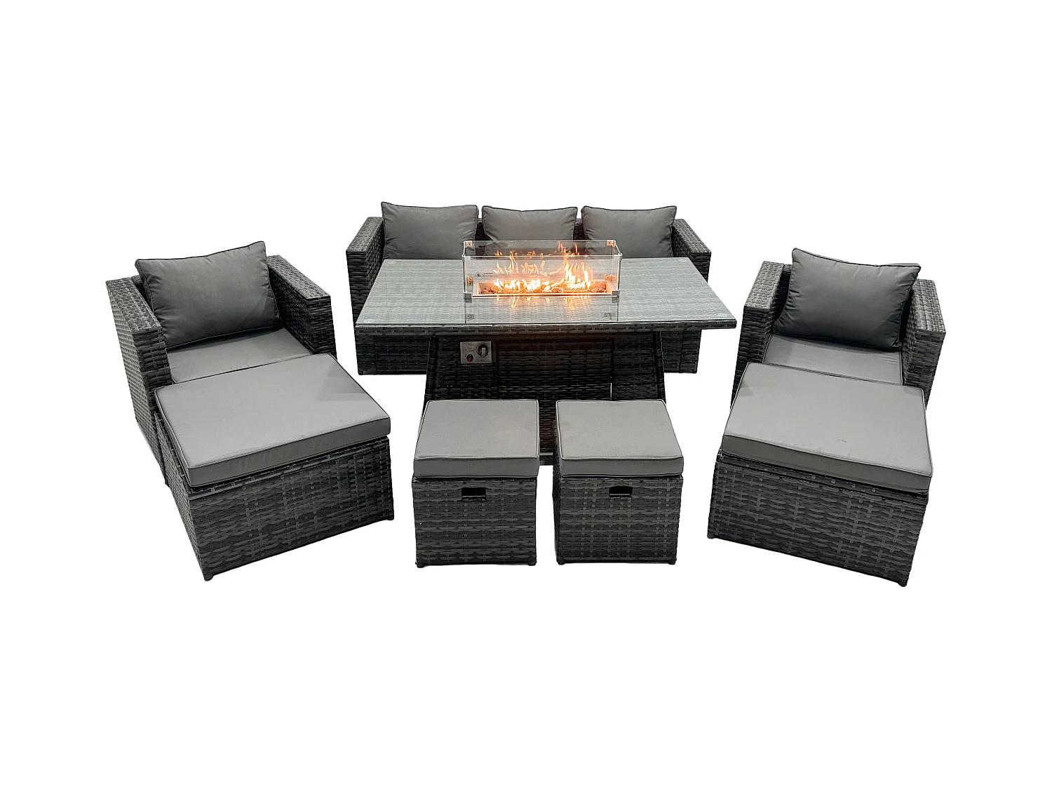 Ensemble de meubles de jardin en rotin ave Table de foyer à gaz 9 places Ensemble de canapés avec 2 Grand tabourets