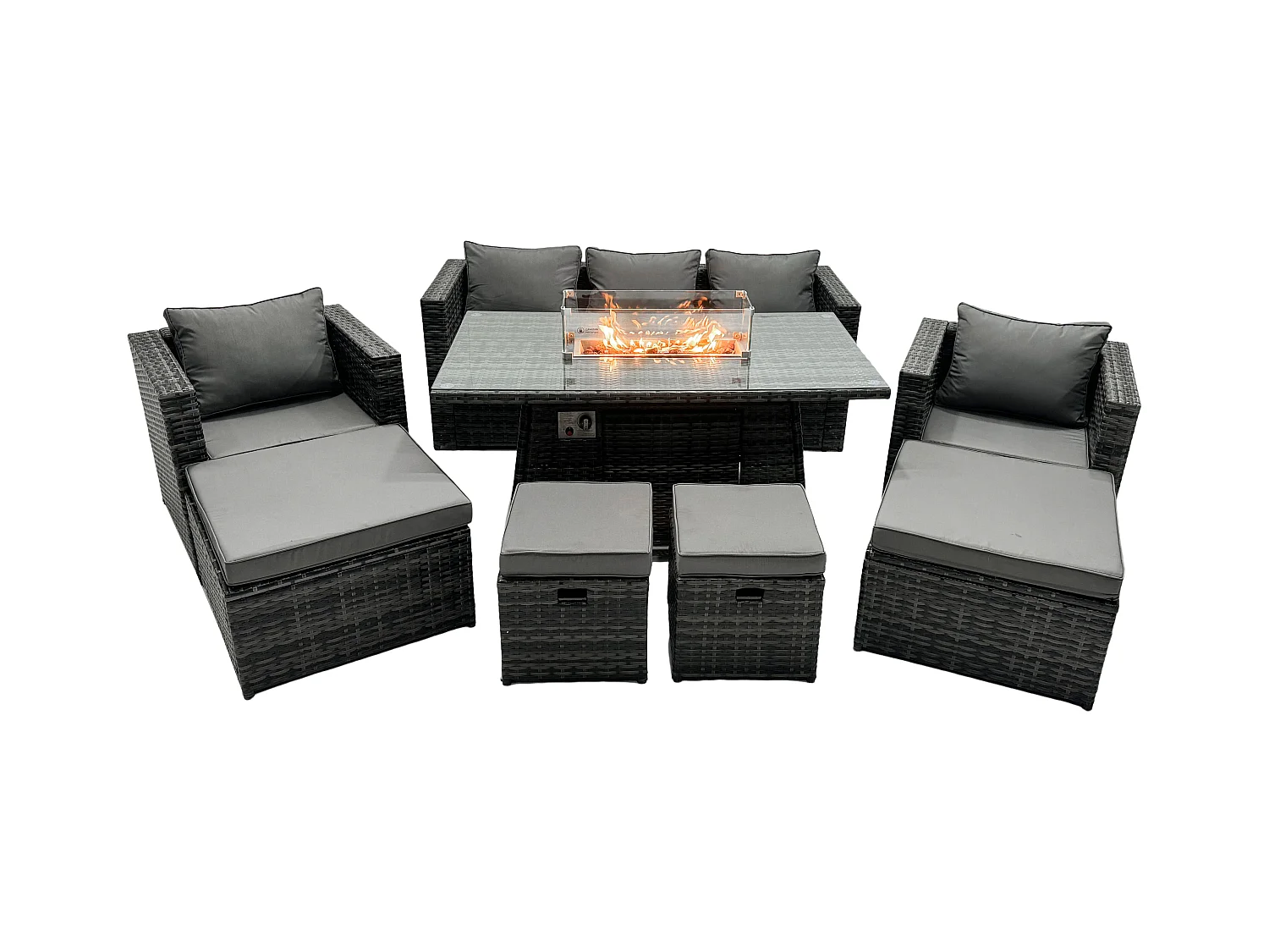 Ensemble de meubles de jardin en rotin ave Table de foyer à gaz 9 places Ensemble de canapés avec 2 Grand tabourets