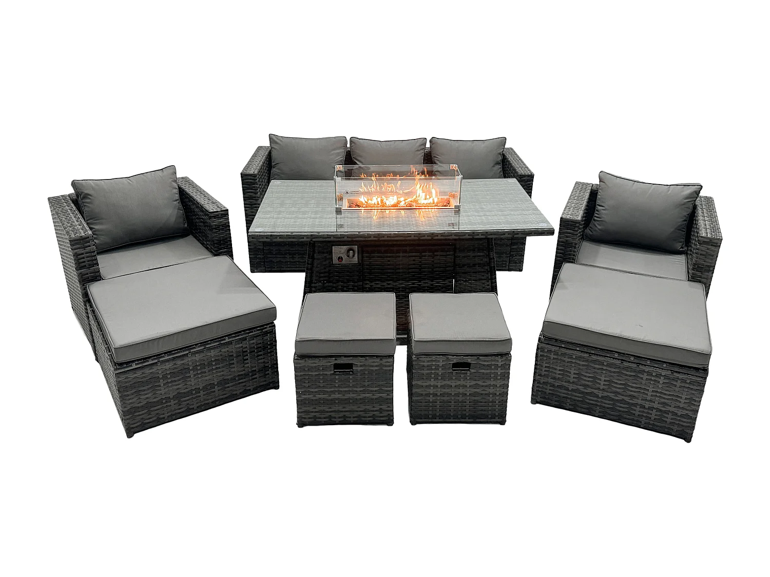 Rattan Gartenmöbel Set 9-Sitzer Garten Sofa Gas Feuertisch Set mit 2 hohen Hockern