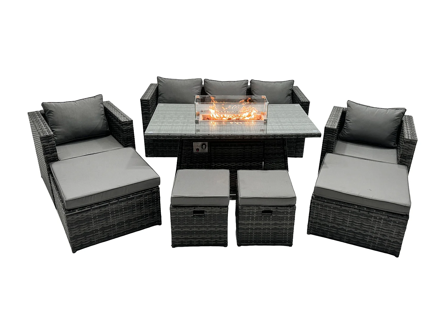 Rattan Gartenmöbel Set 9-Sitzer Garten Sofa Gas Feuertisch Set mit 2 hohen Hockern
