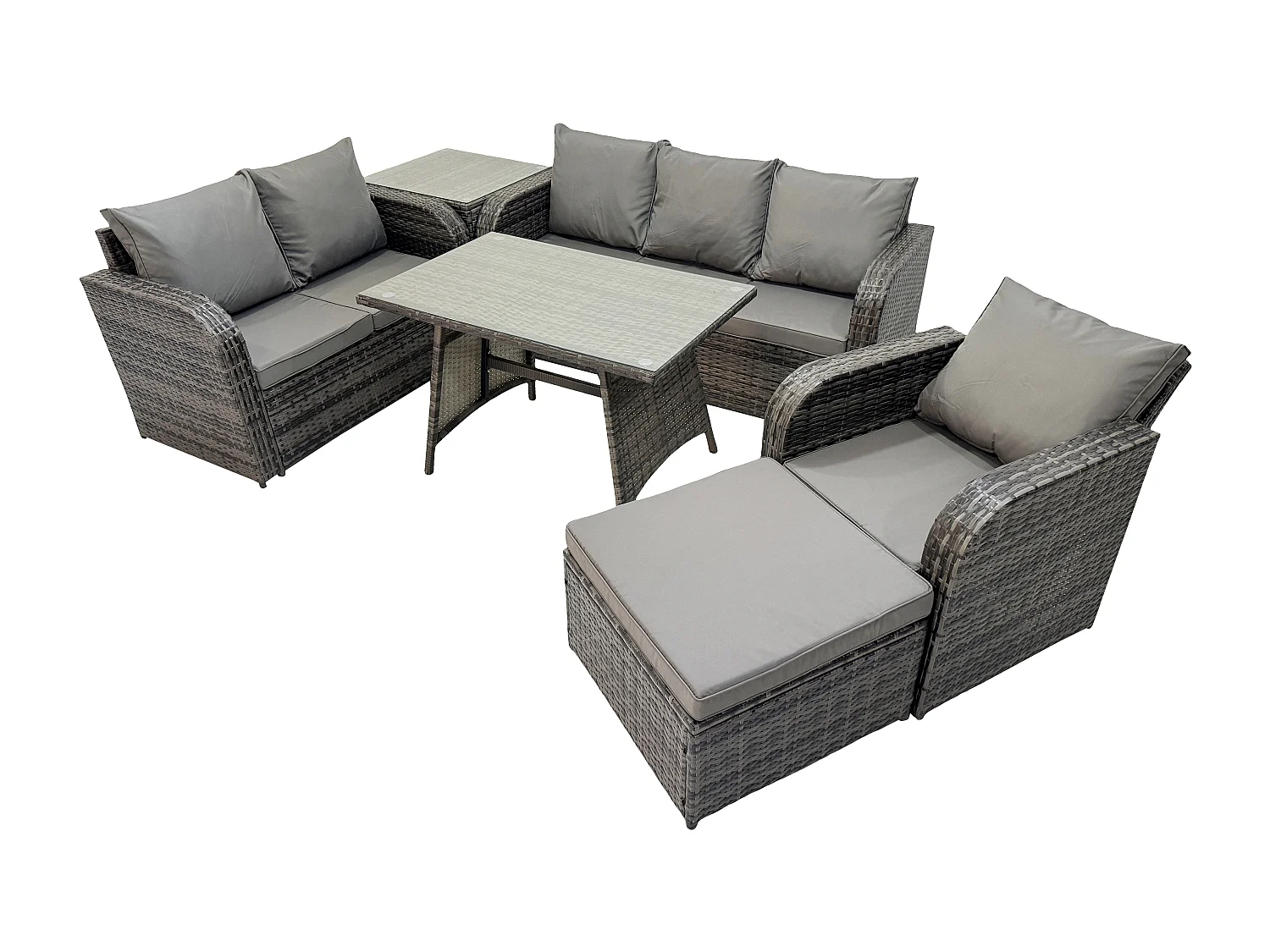 7 places Salon de jardin exterieur Ensemble de canapés en rotin avec Table à manger Grand tabouret Table d'appoint Gris foncé mixte