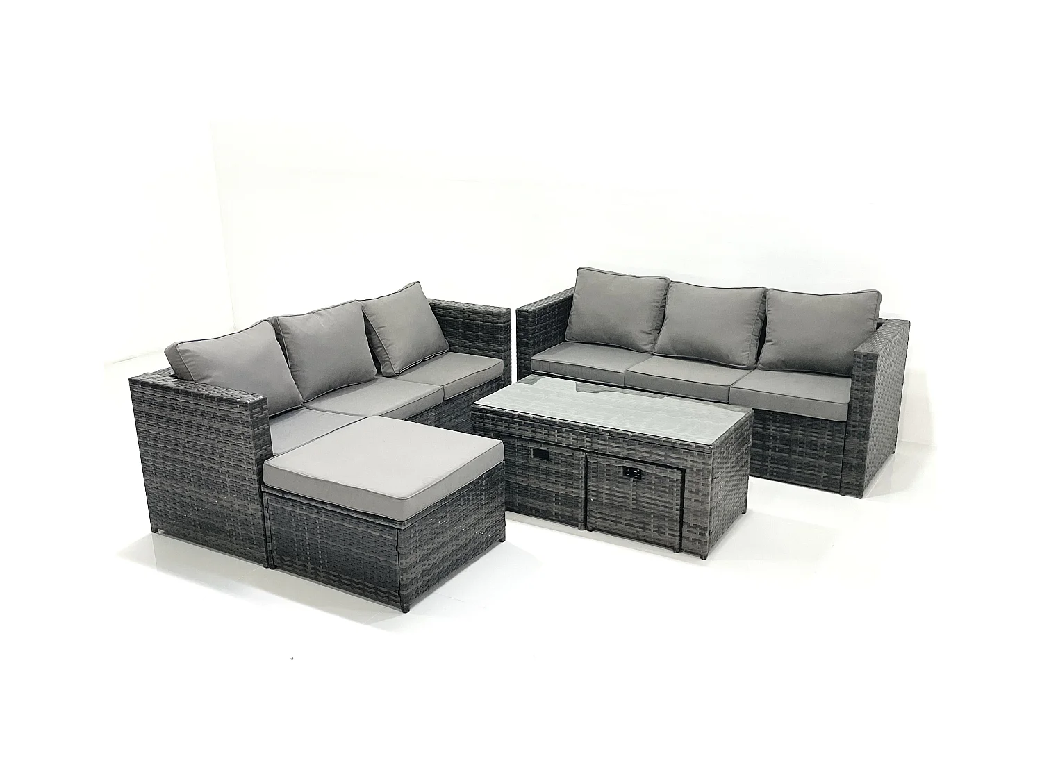 Garten Rattanmöbel Set mit Sofa Couchtisch 3 Hockern Dunkelgrau Gemischt