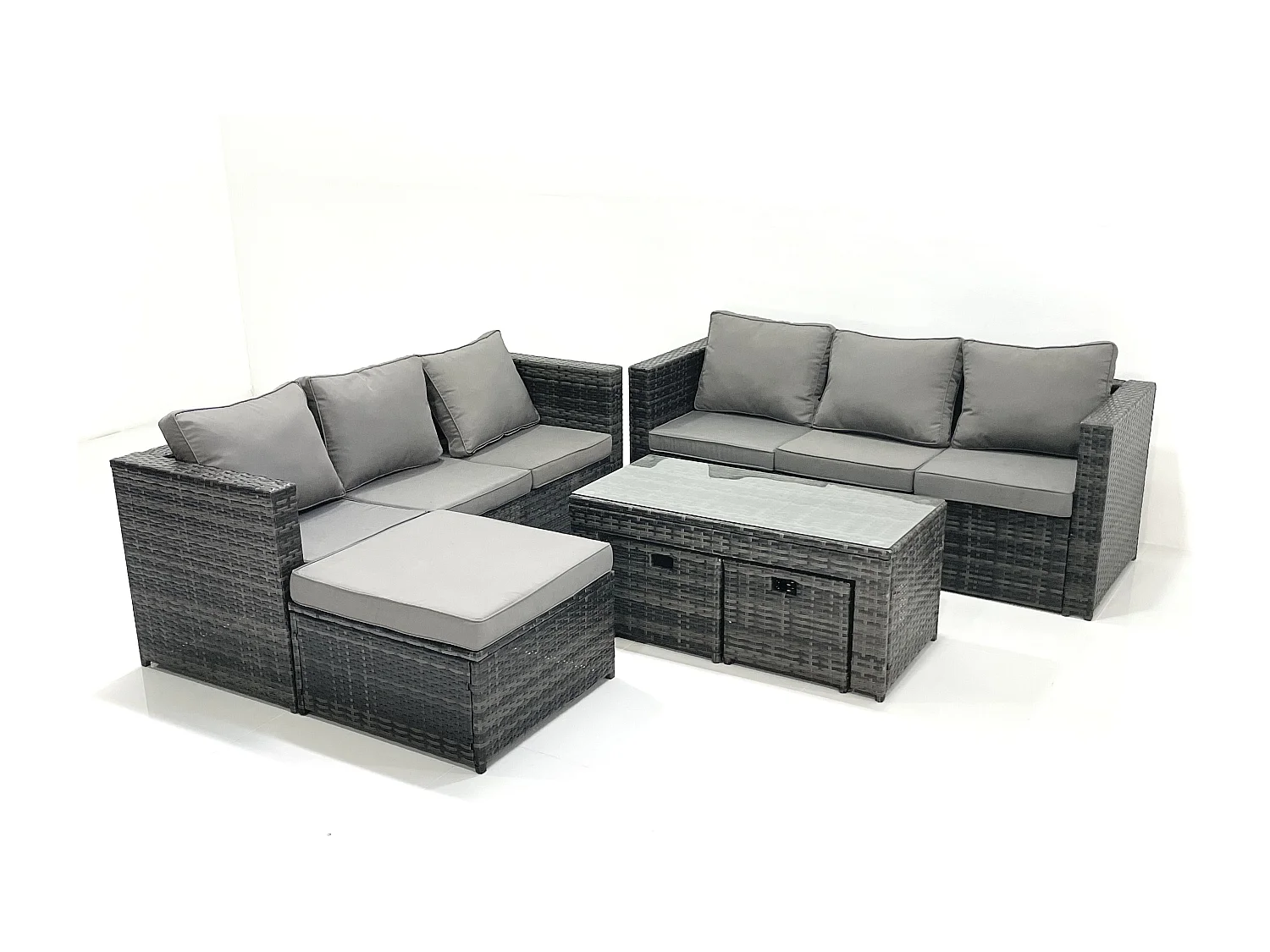 Garten Rattanmöbel Set mit Sofa Couchtisch 3 Hockern Dunkelgrau Gemischt