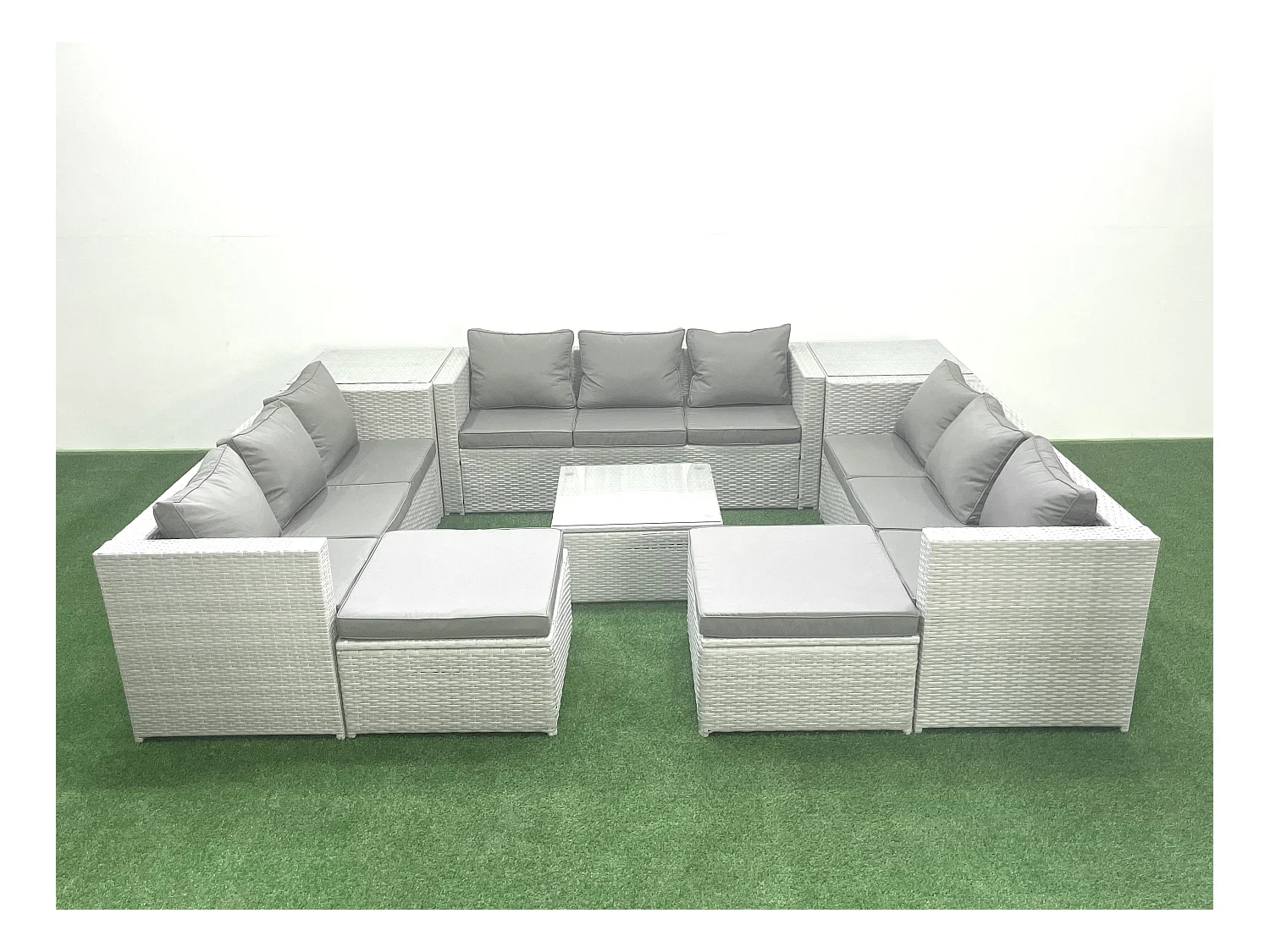 Gartenmöbel im Freien Polyrattan 11-Sitzer Rattan Garten Sofa Set mit 2 hohen Hockern 2 Beistelltischen Hellgrau gemischt
