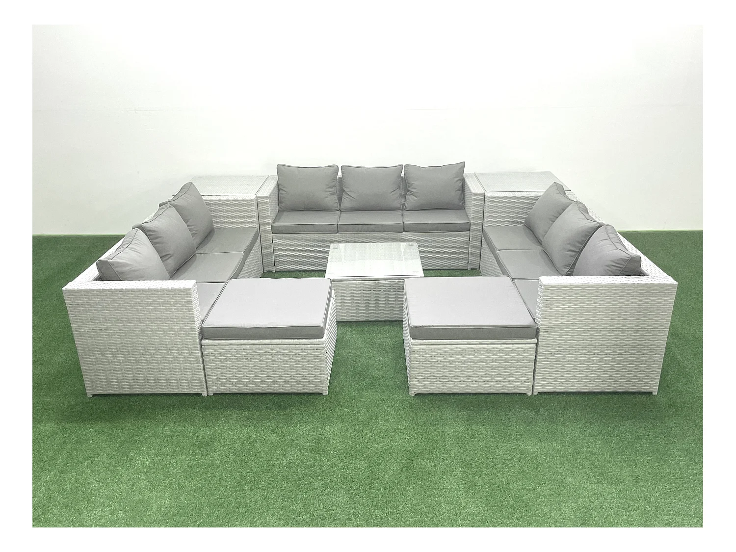 Gartenmöbel im Freien Polyrattan 11-Sitzer Rattan Garten Sofa Set mit 2 hohen Hockern 2 Beistelltischen Hellgrau gemischt