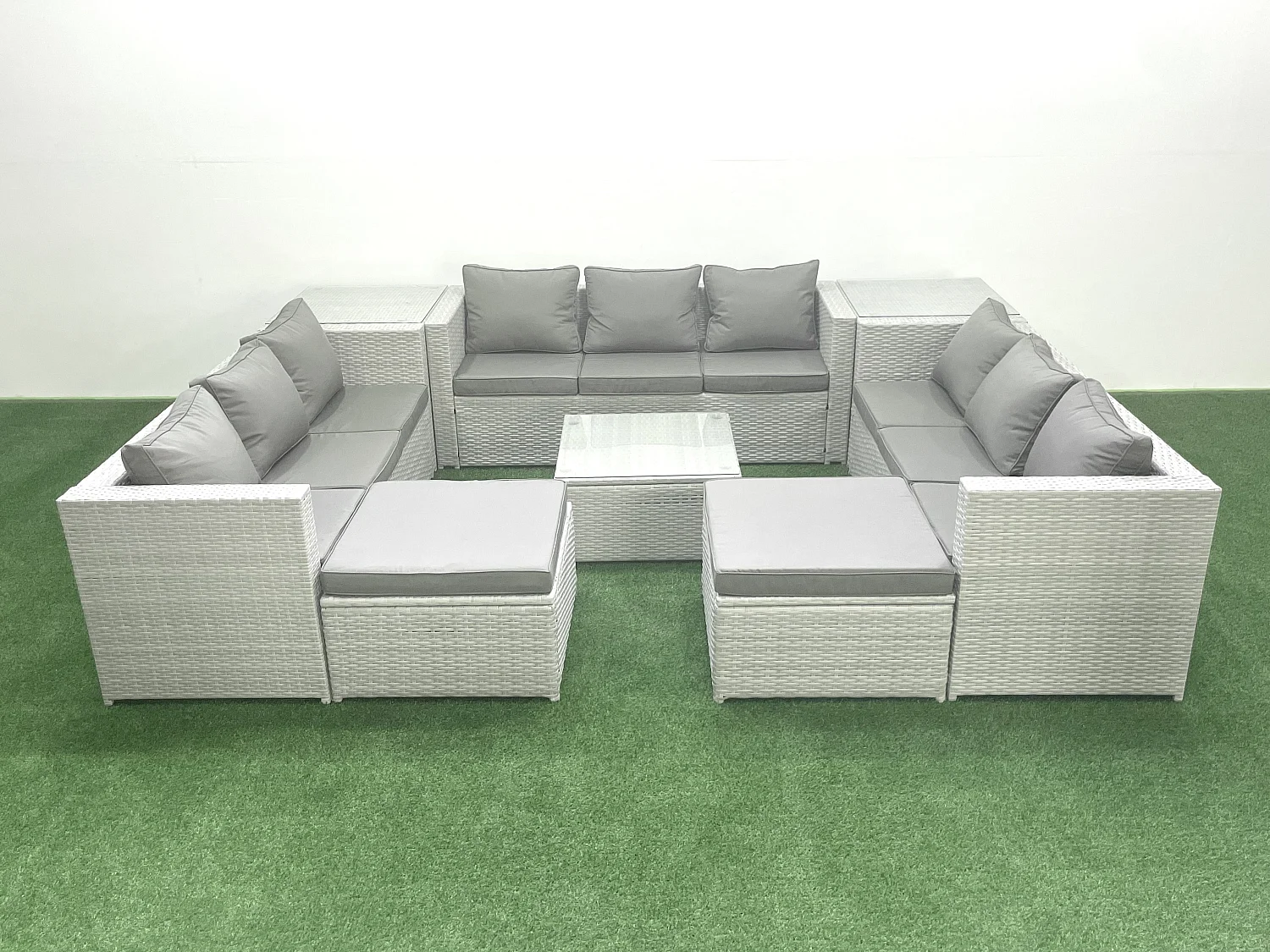 Gartenmöbel im Freien Polyrattan 11-Sitzer Rattan Garten Sofa Set mit 2 hohen Hockern 2 Beistelltischen Hellgrau gemischt