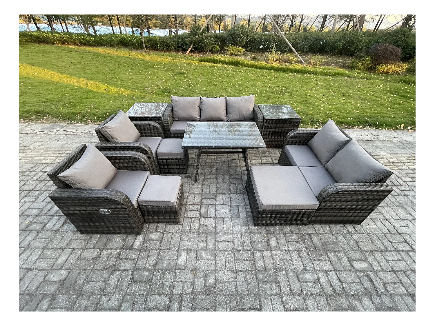 Salon de jardin exterieur 10 places Ensemble de canapés en rotin avec Table à manger 3 Tabourets 2 Tables d'appoint Gris foncé mixte