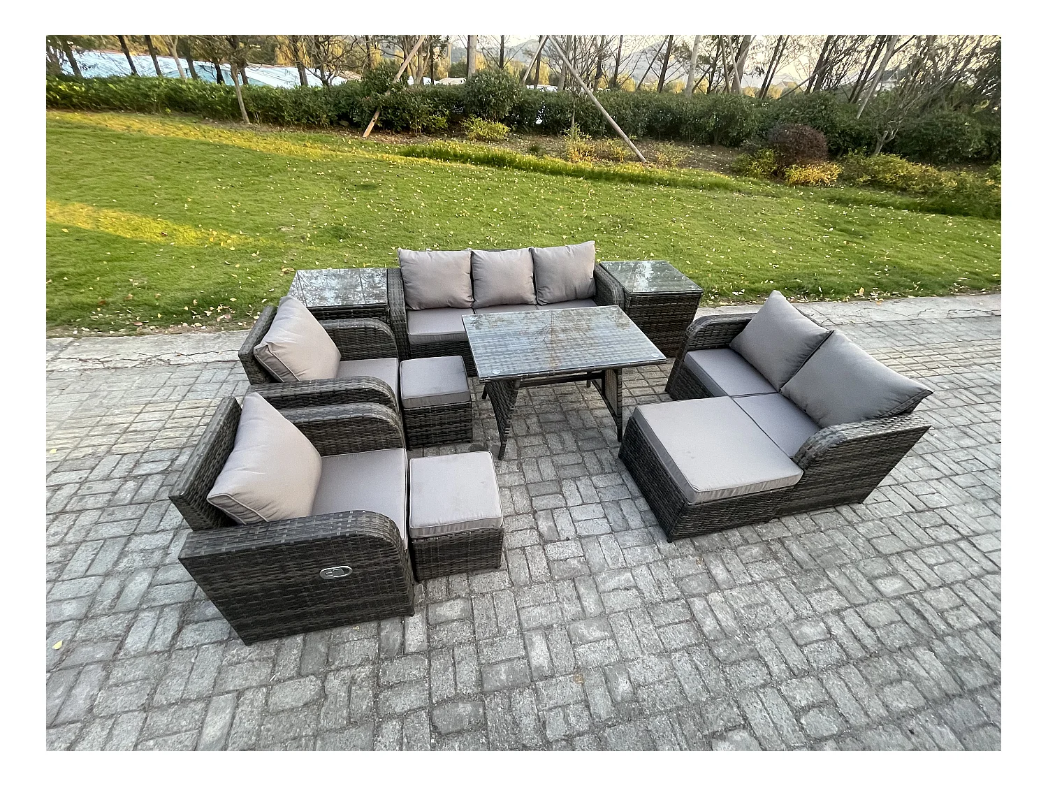 Salon de jardin exterieur 10 places Ensemble de canapés en rotin avec Table à manger 3 Tabourets 2 Tables d'appoint Gris foncé mixte